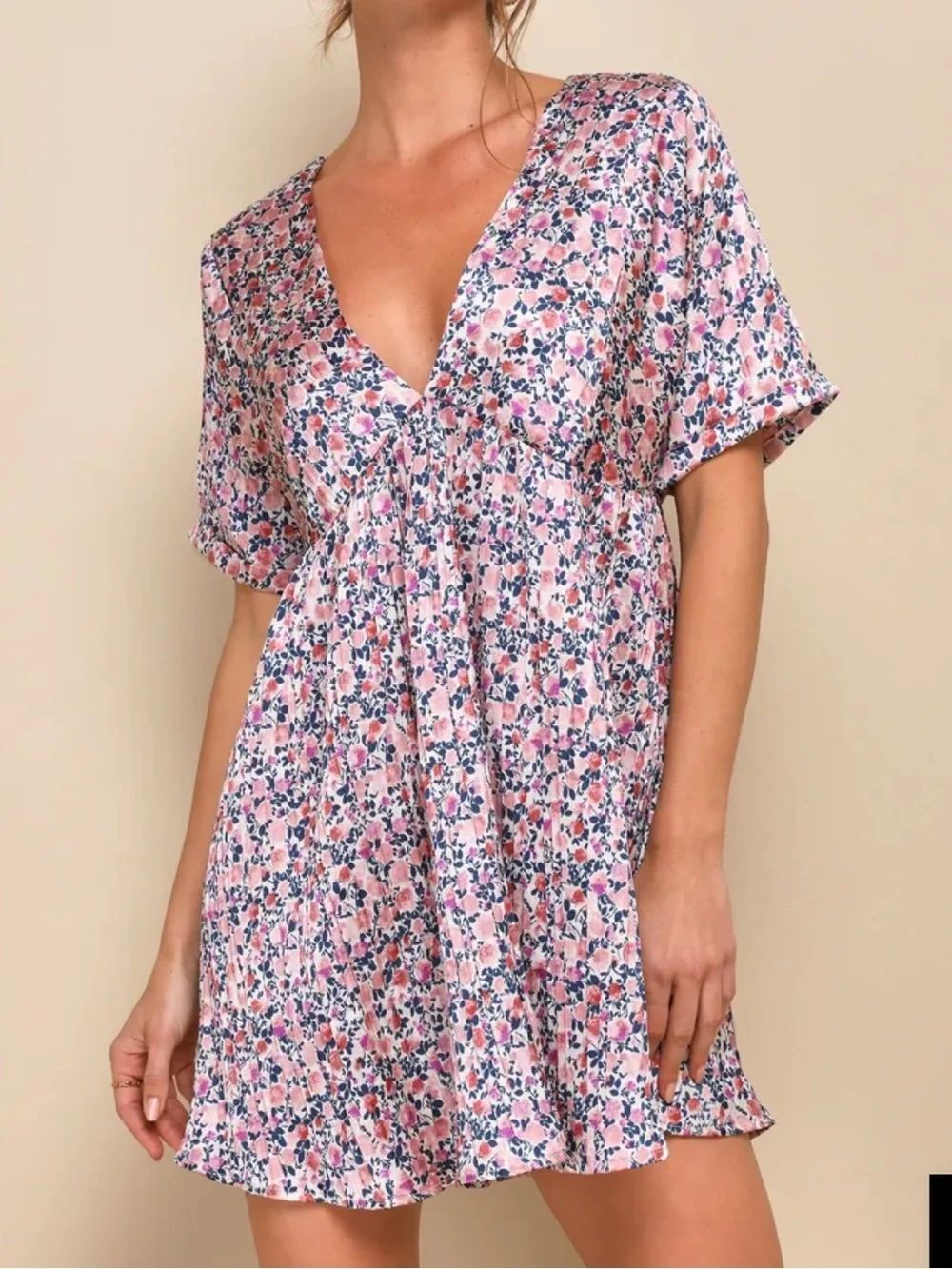 Lulu’s Express Yourself Blush Pink Floral Print Satin Babydoll Dress Women’s XS